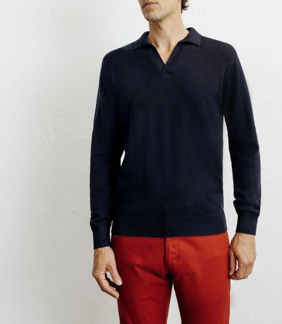 Pull col polo en laine mérinos marine - IZAC