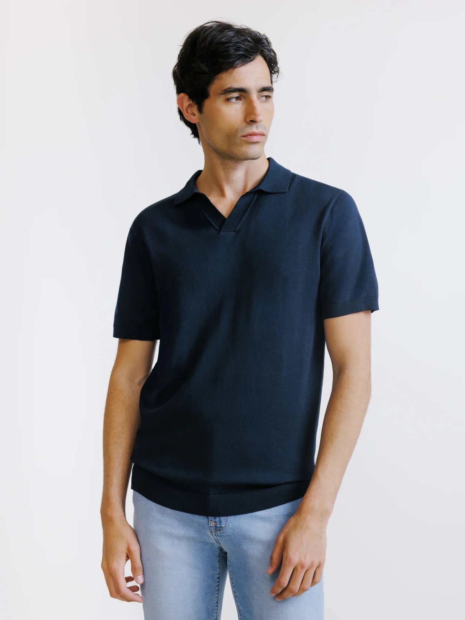 Polo col ouvert en maille marine - IZAC