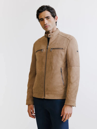 Blouson motard en suède camel - IZAC