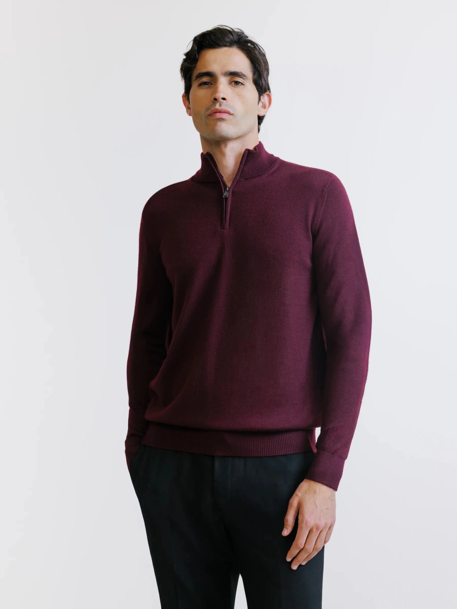 Pull demi-zippé en laine mérinos bordeaux - IZAC