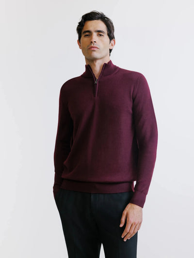 Pull demi-zippé en laine mérinos bordeaux - IZAC