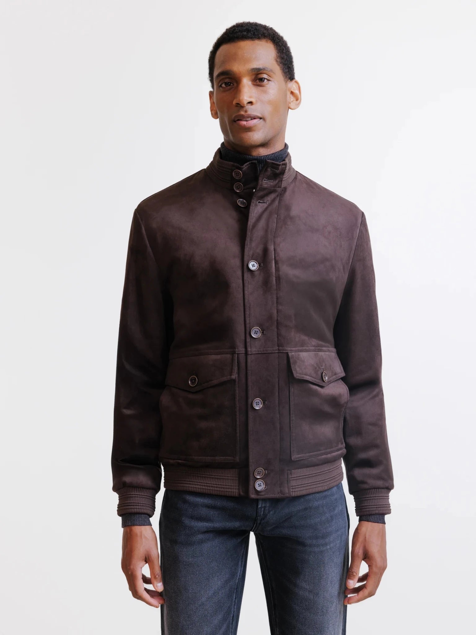 Blouson col montant en suède marron foncé - IZAC