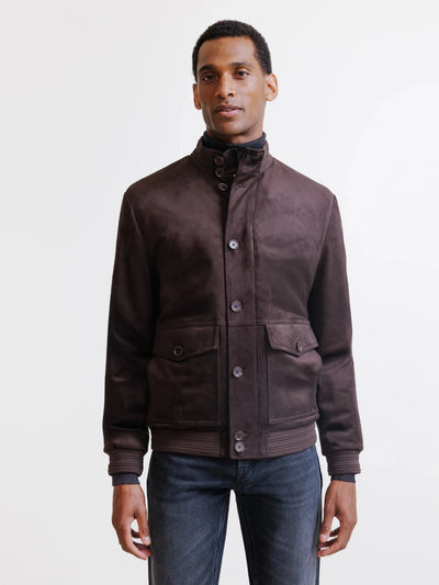 Blouson col montant en suède marron foncé - IZAC