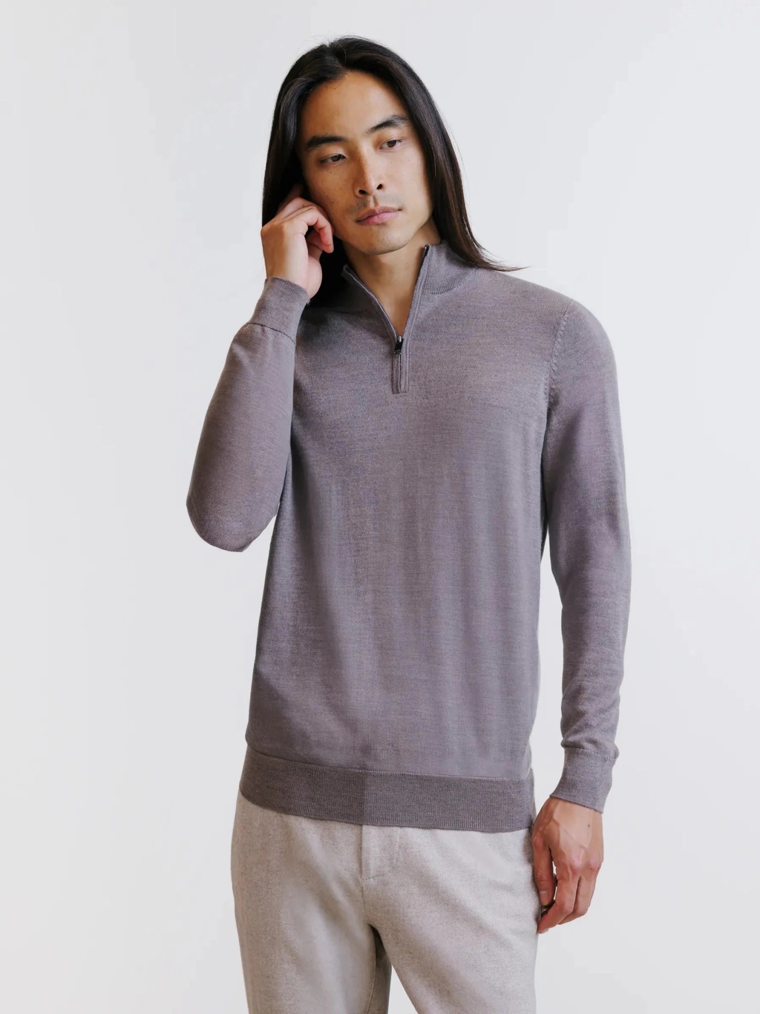 Pull demi-zippé en laine mérinos châtain - IZAC