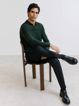 Pull col polo ouvert en laine mérinos vert foncé