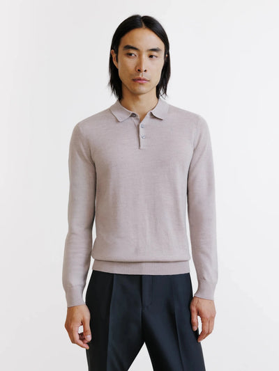 Pull à col polo boutonné en laine mérinos beige - IZAC