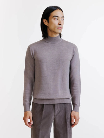Pull col cheminée en laine mérinos châtain - IZAC