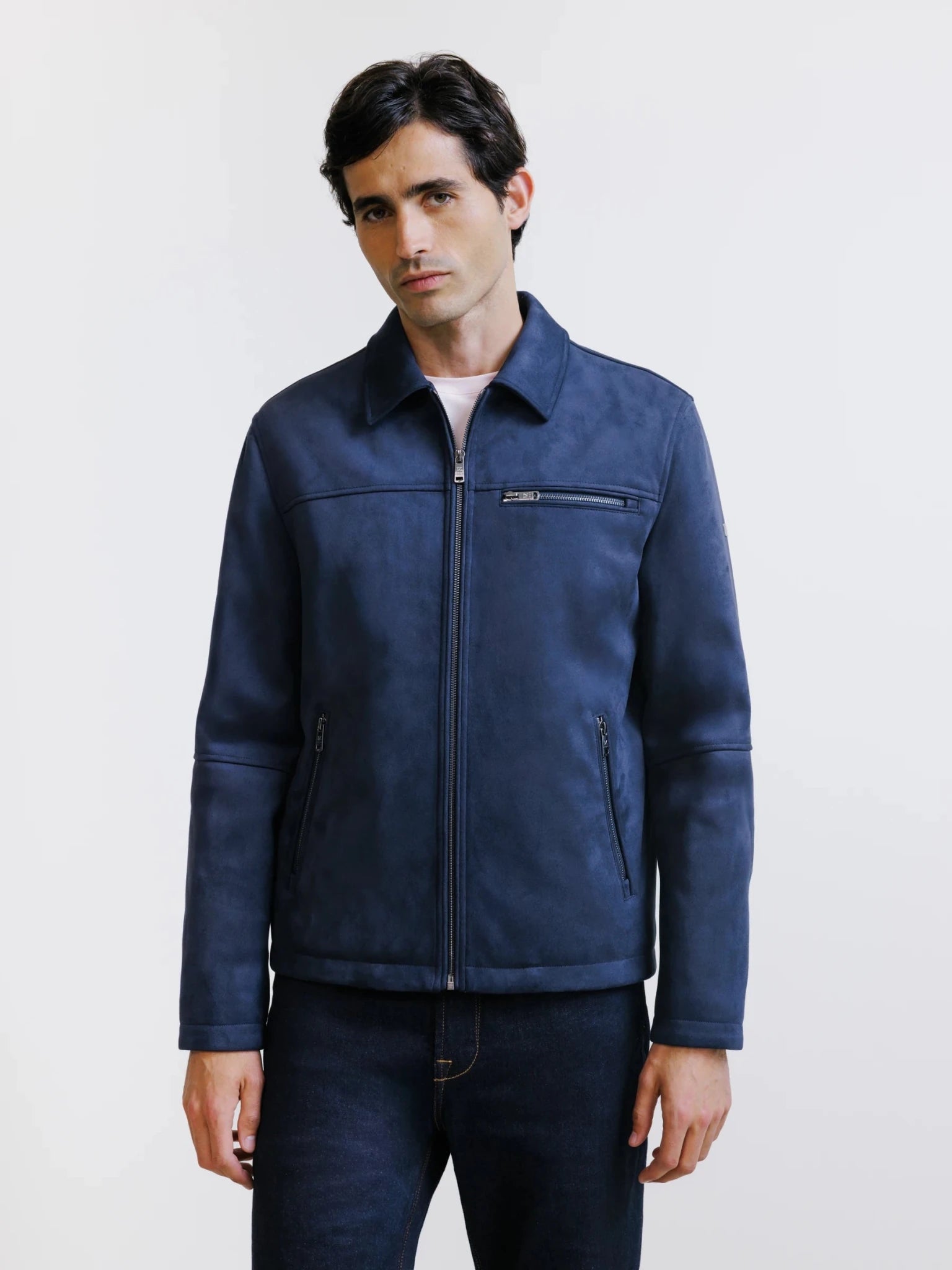 Blouson col chemise en suède marine - IZAC