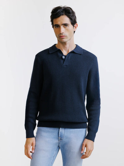 Pull col polo ouvert 1 bouton marine - IZAC
