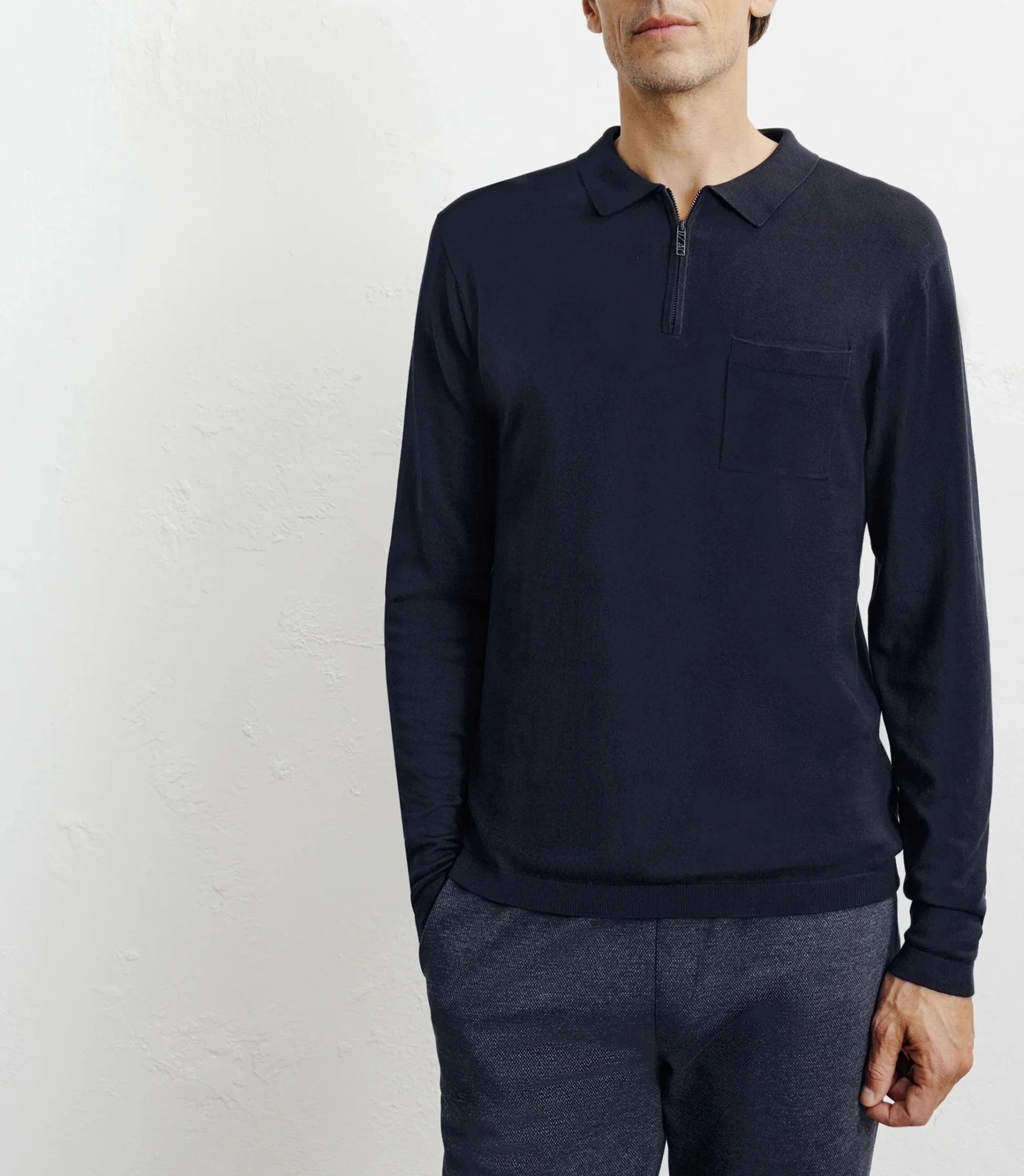 Pull col polo zippé en maille fine marine - IZAC