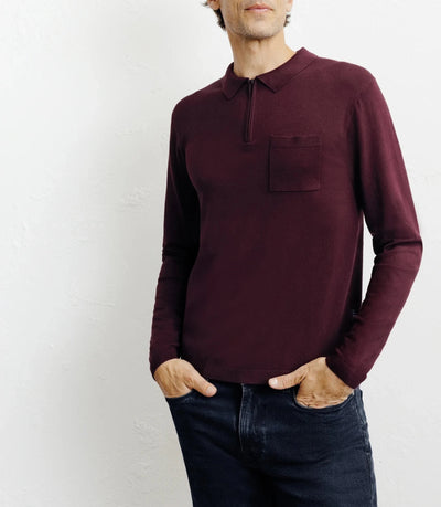 Pull col polo zippé en maille fine bordeaux foncé - IZAC
