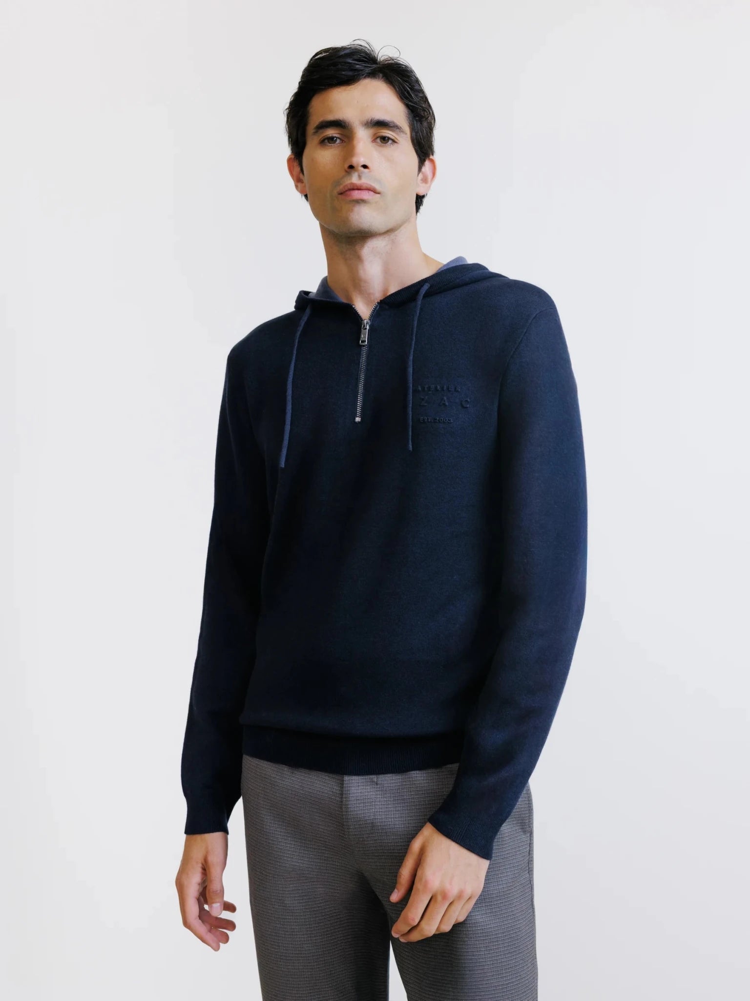 Hoodie en maille à capuche demi-zippé marine - IZAC
