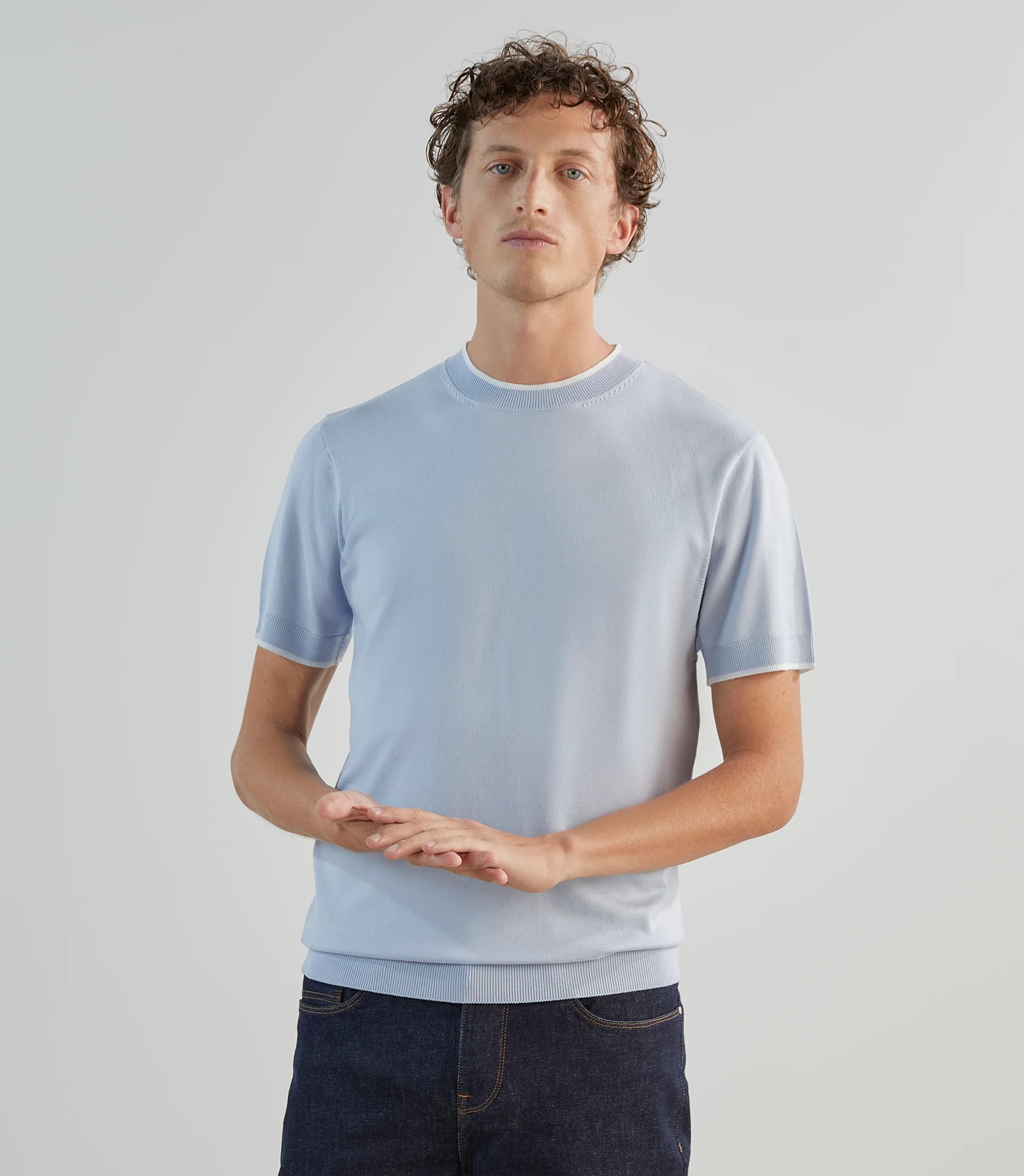 T-shirt à manches courtes en maille bleu ciel - IZAC