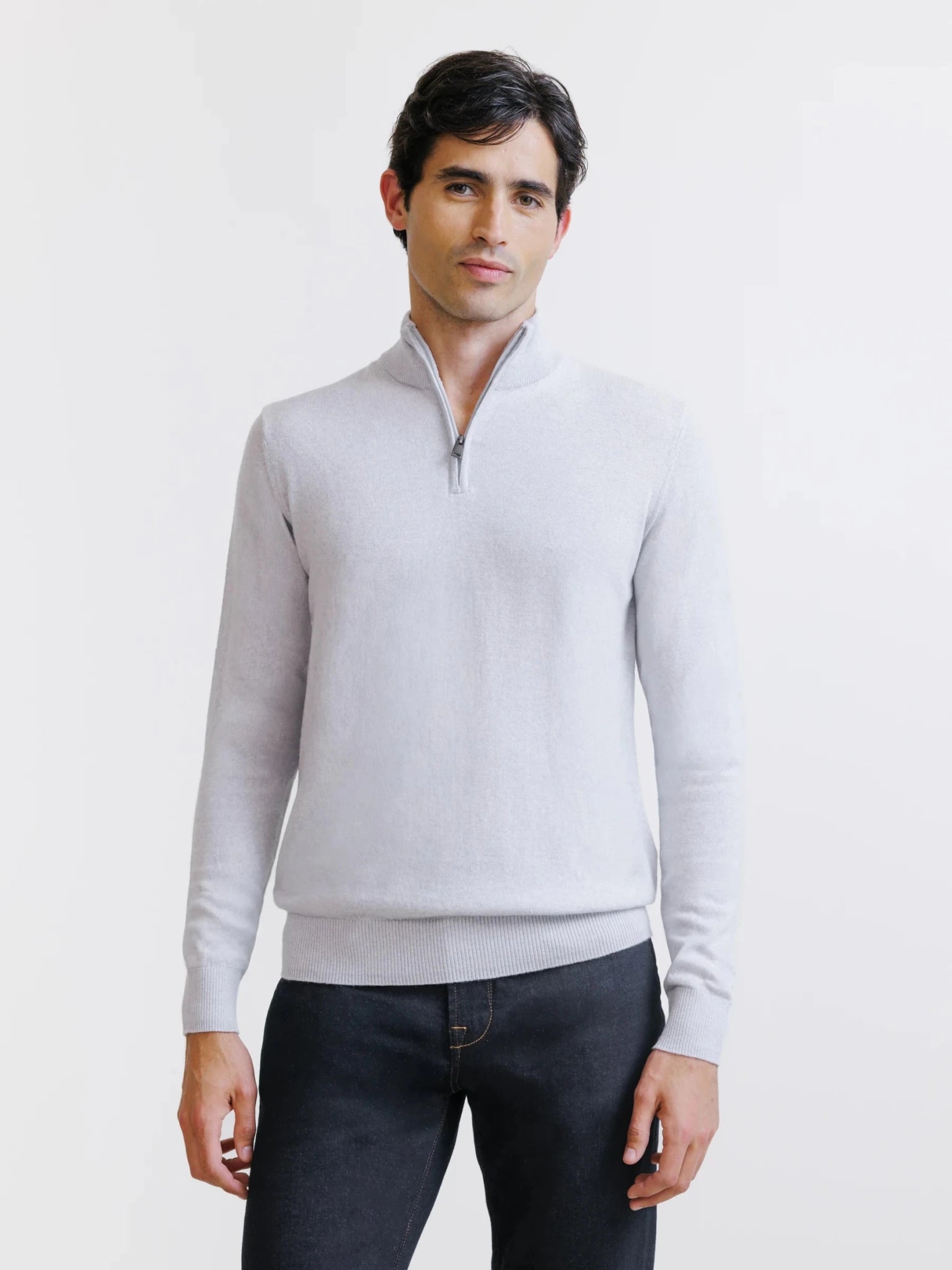 Pull demi-zippé en laine mérinos gris chiné - IZAC