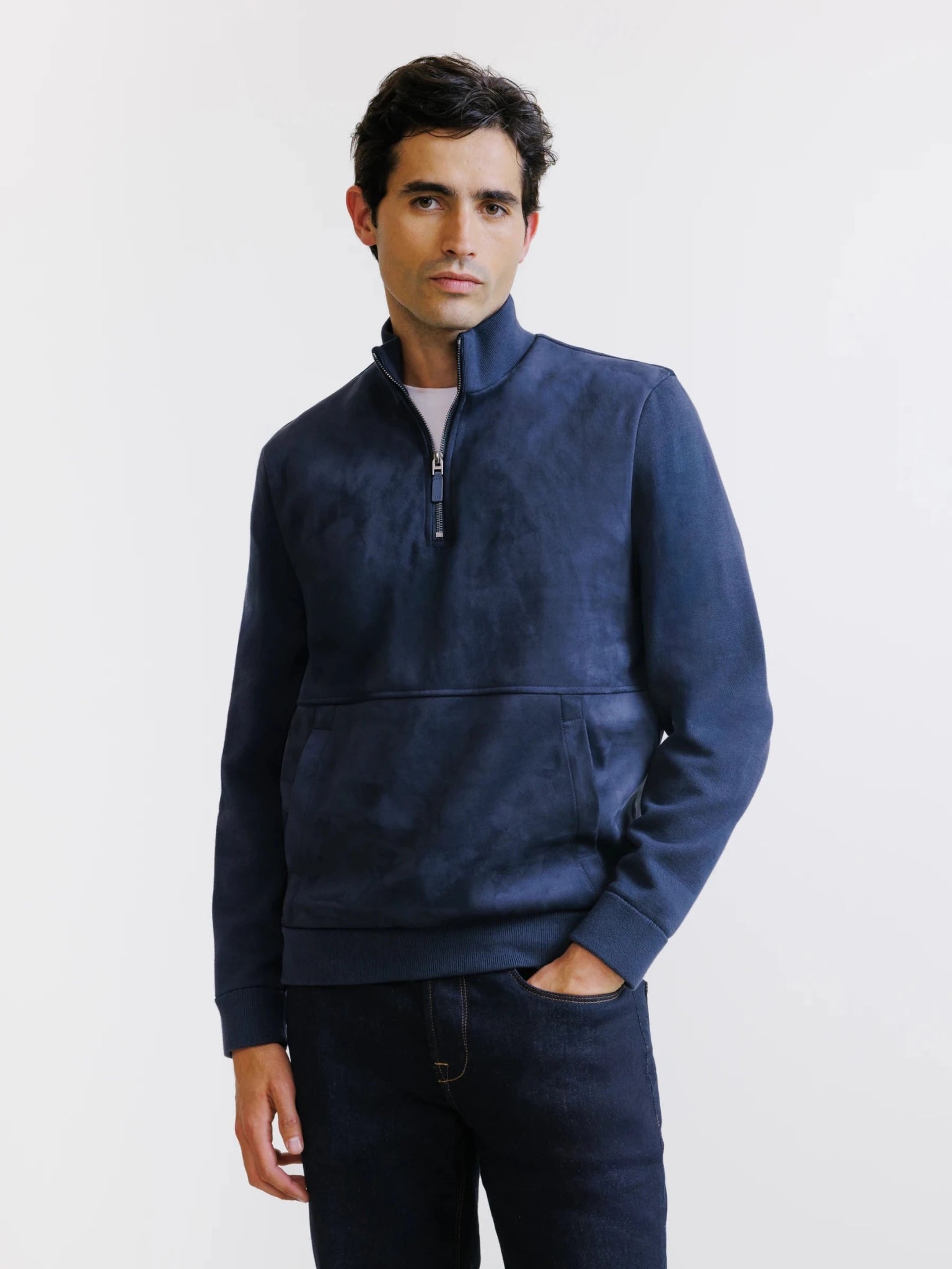 Sweat demi-zippé bi-matière marine - IZAC