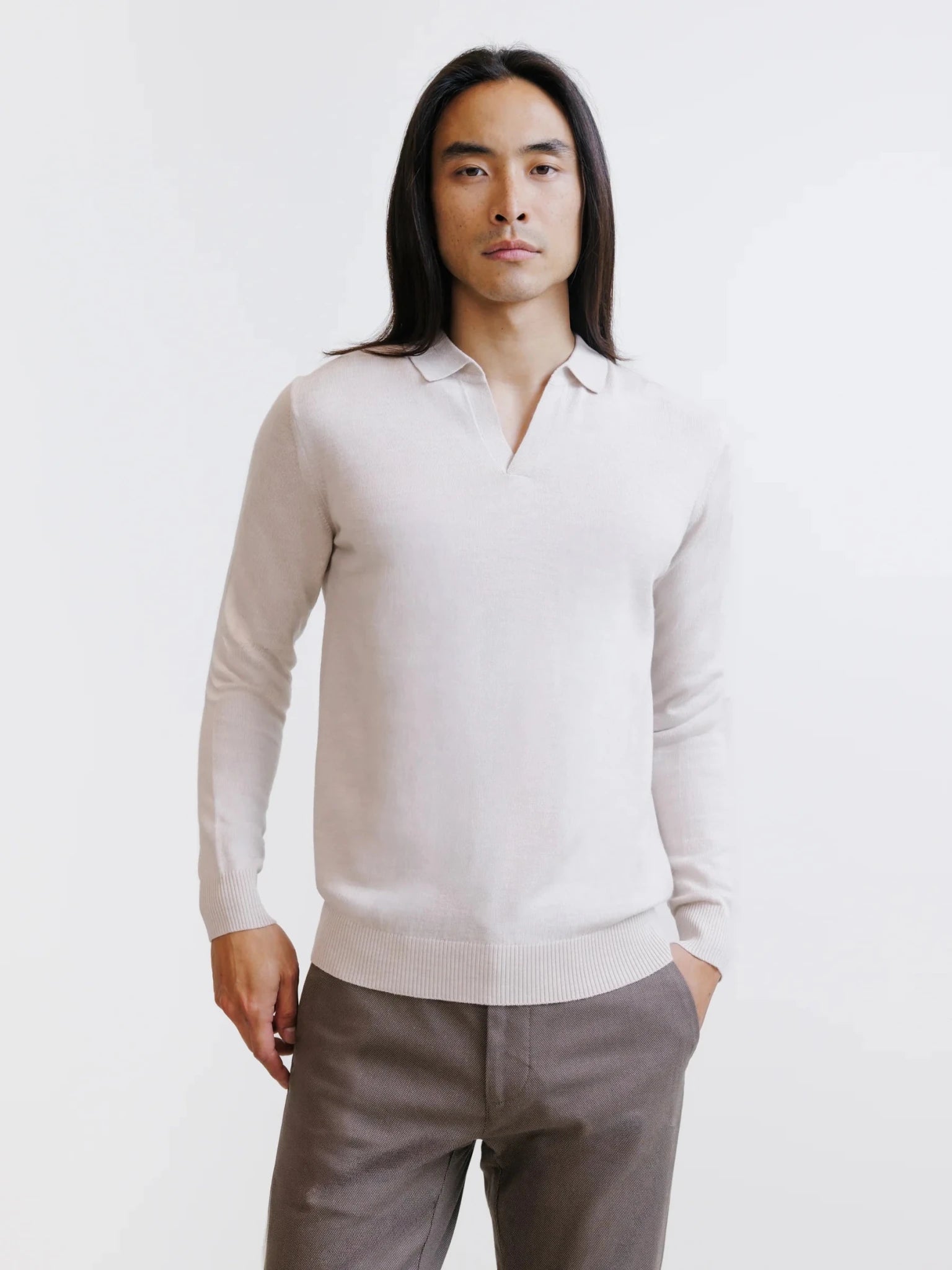 Pull col polo en laine mérinos beige clair - IZAC