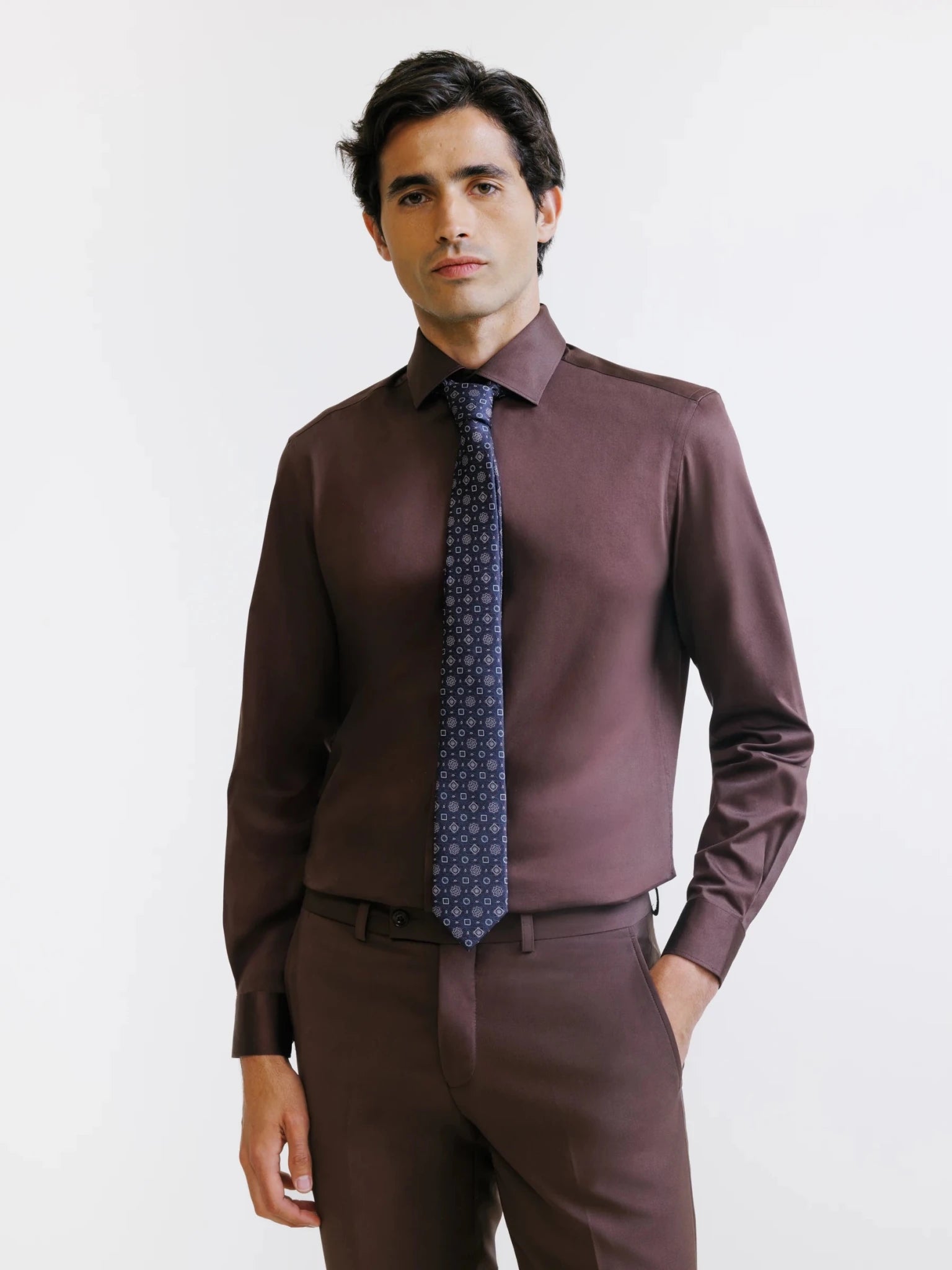 Chemise en satin de coton marron - IZAC