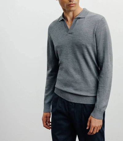 Pull col polo en laine mérinos gris chiné - IZAC