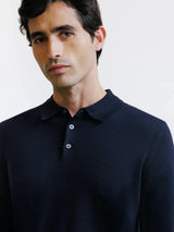 Pull col polo boutonné en laine mérinos marine - IZAC