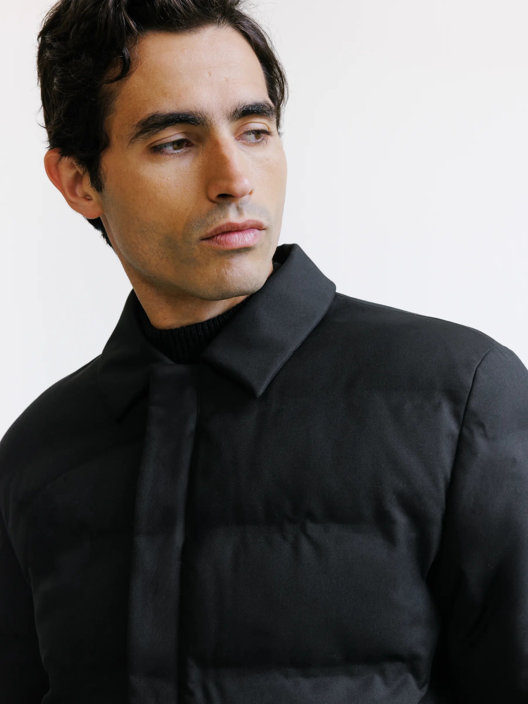 Black short down jacket with shirt collar