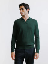Pull col polo ouvert en laine mérinos vert foncé