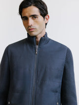 Anthracite two-material zip-up cardigan