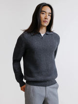 Pull à col polo ouvert en maille côtelée anthracite - IZAC
