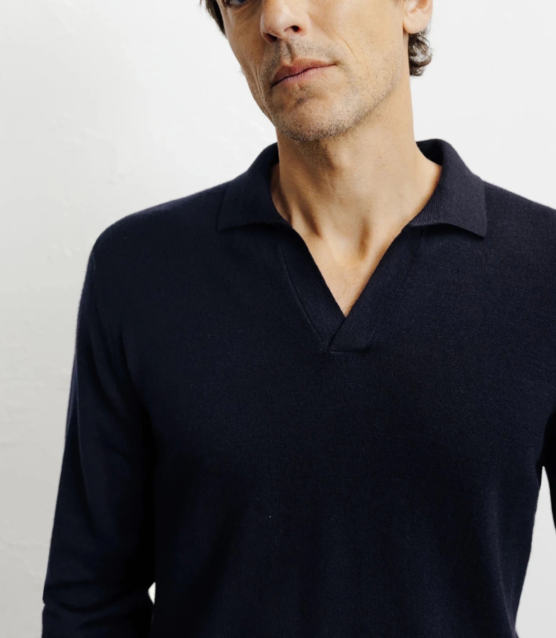 Pull col polo en laine mérinos marine - IZAC