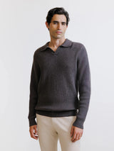 Pull à col polo ouvert en maille côtelée marron - IZAC