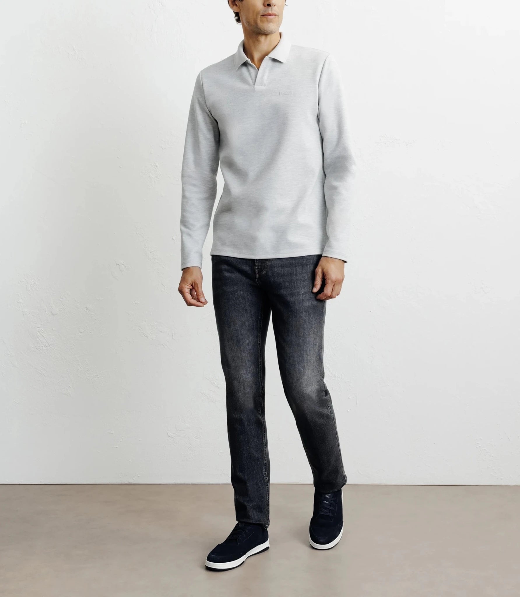 Polo col ouvert manches longues gris chiné - IZAC