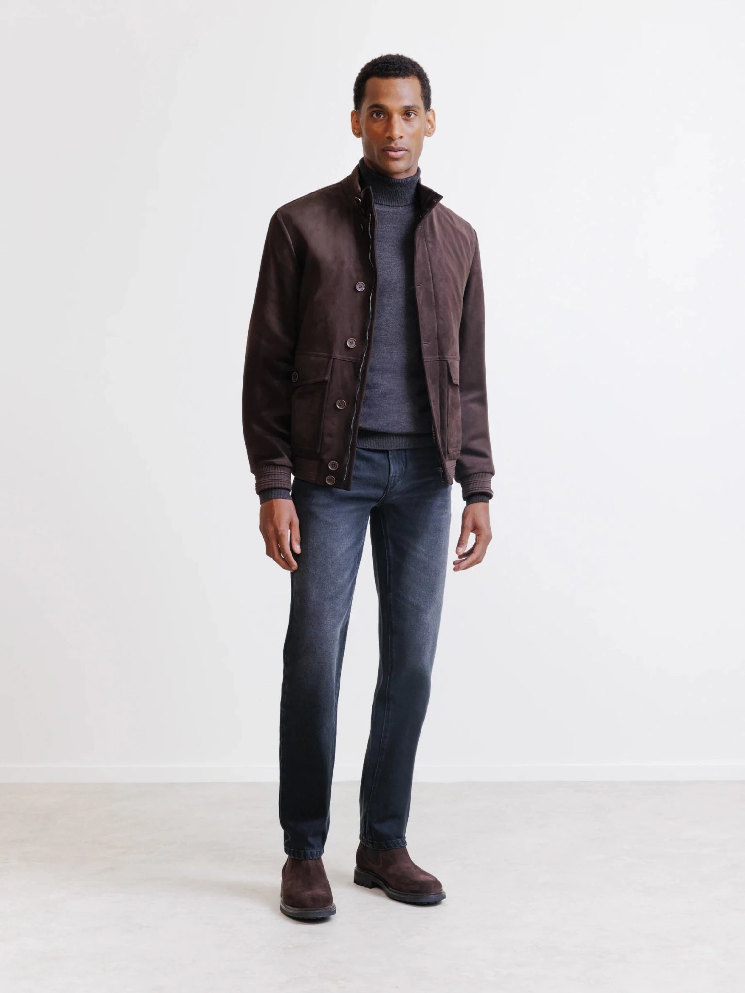 Blouson col montant en suède marron foncé - IZAC