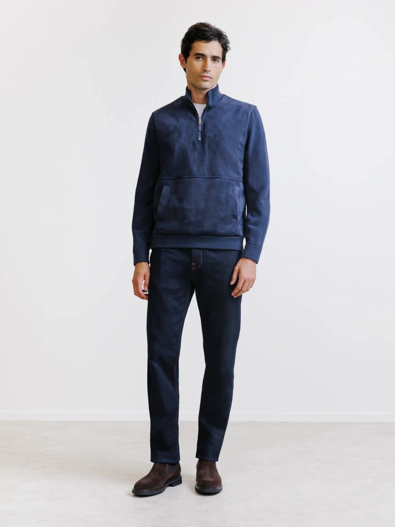 Sweat demi-zippé bi-matière marine - IZAC