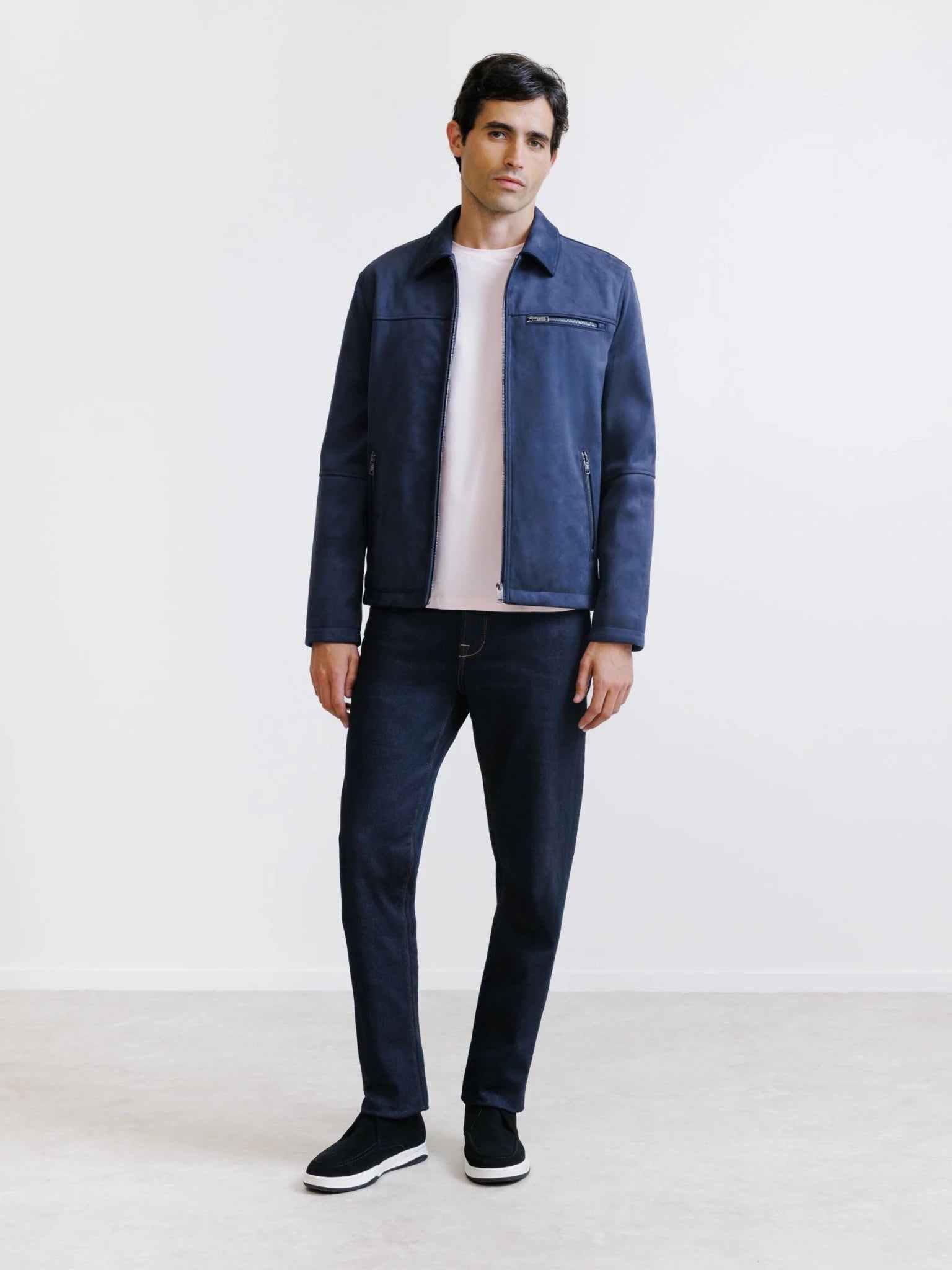 Blouson col chemise en suède marine - IZAC