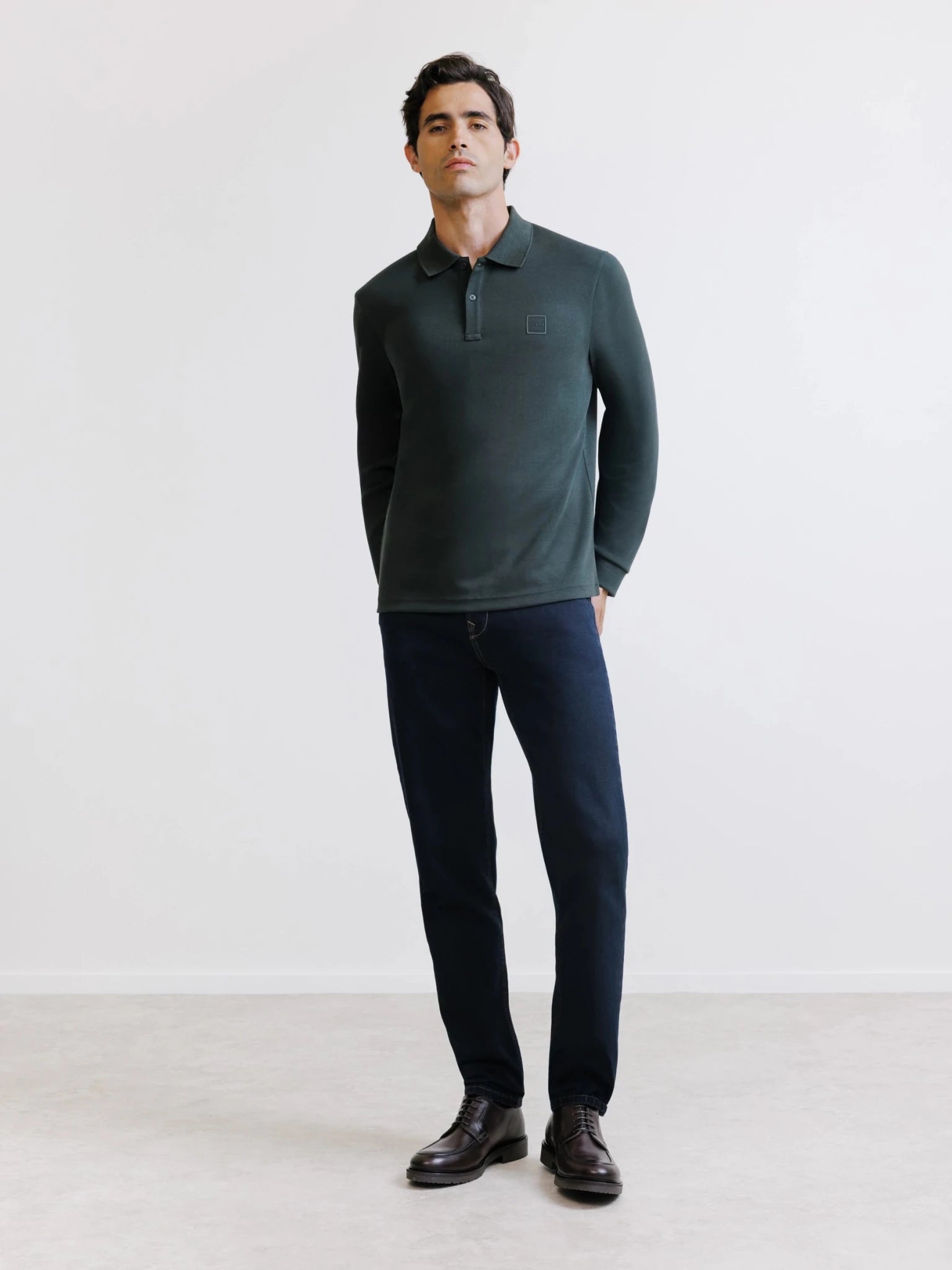 Polo manches longues col boutonné kaki foncé - IZAC