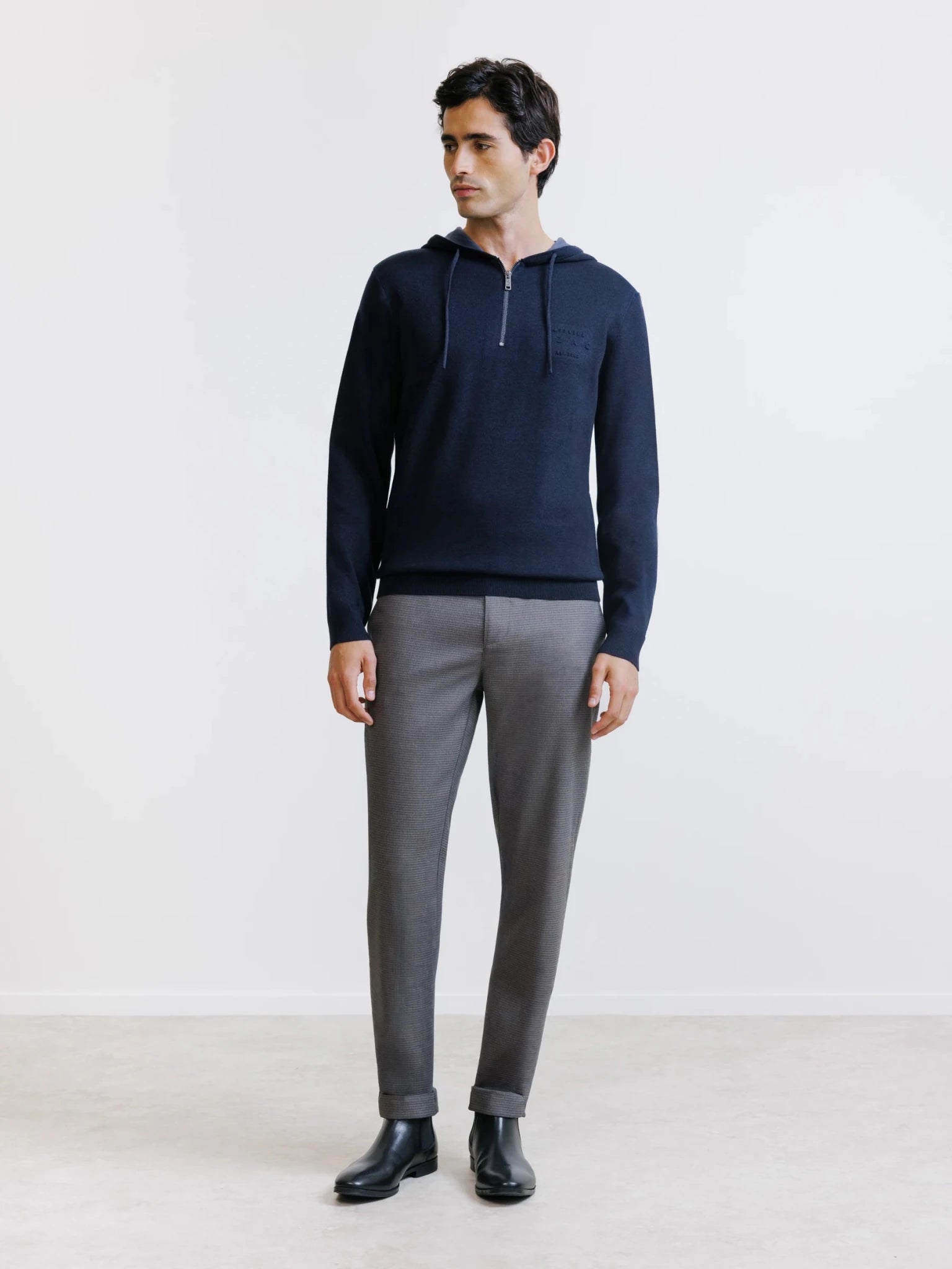 Hoodie en maille à capuche demi-zippé marine - IZAC
