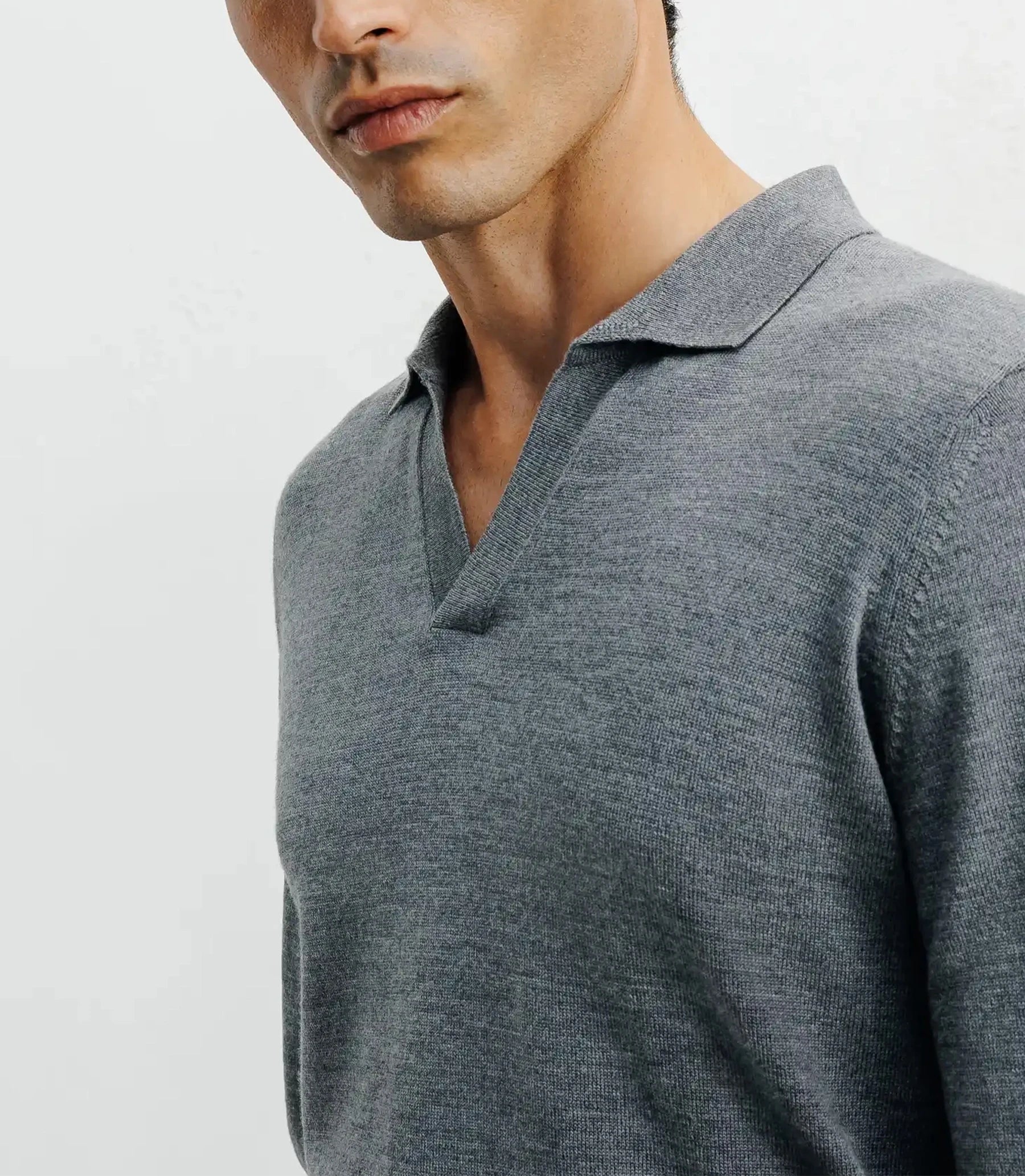 Pull col polo en laine mérinos gris chiné - IZAC