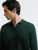 Pull col polo ouvert en laine mérinos vert foncé