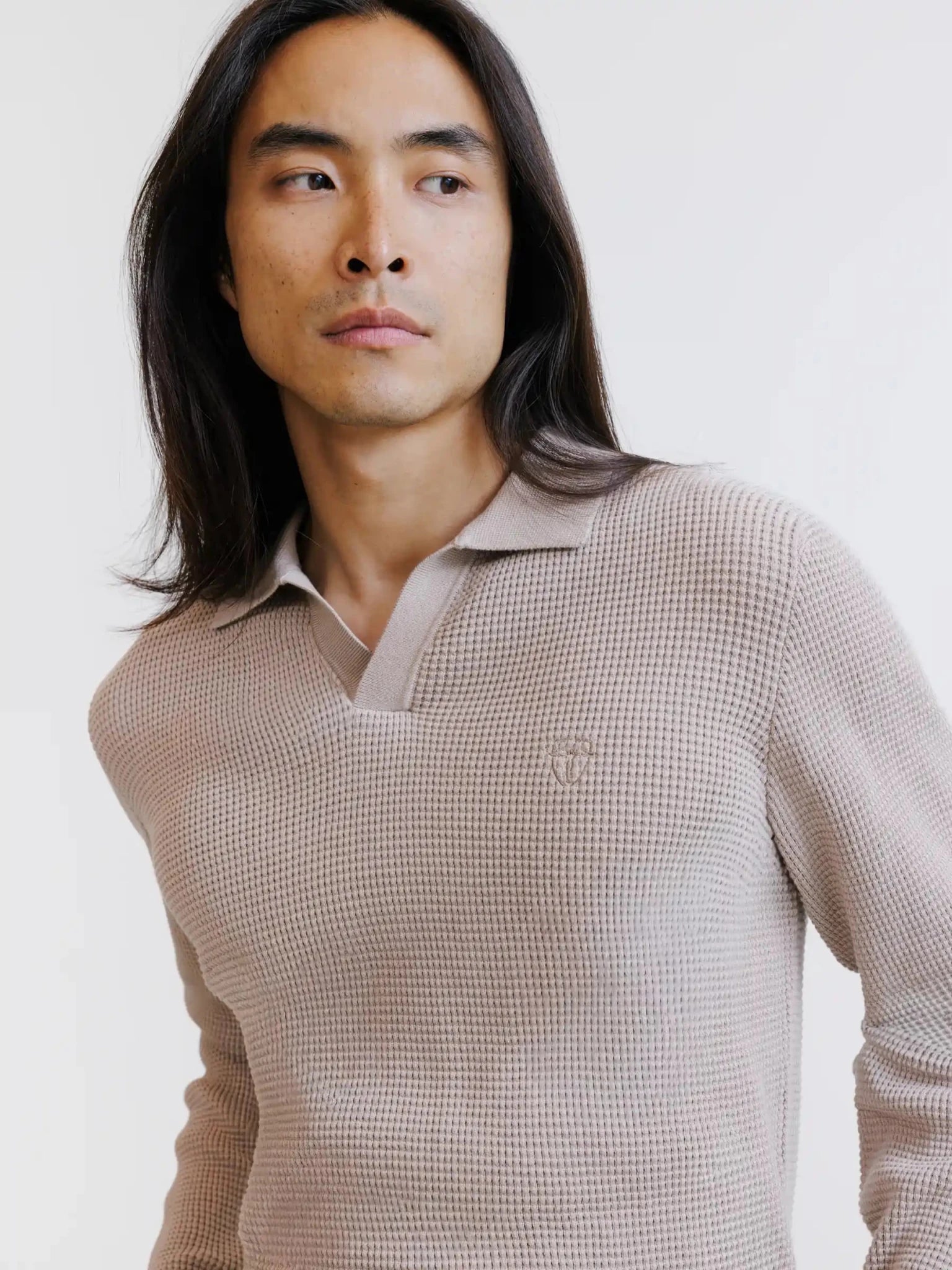 Pull à col polo ouvert à jeux de points beige - IZAC