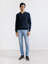 Pull col polo ouvert 1 bouton marine - IZAC