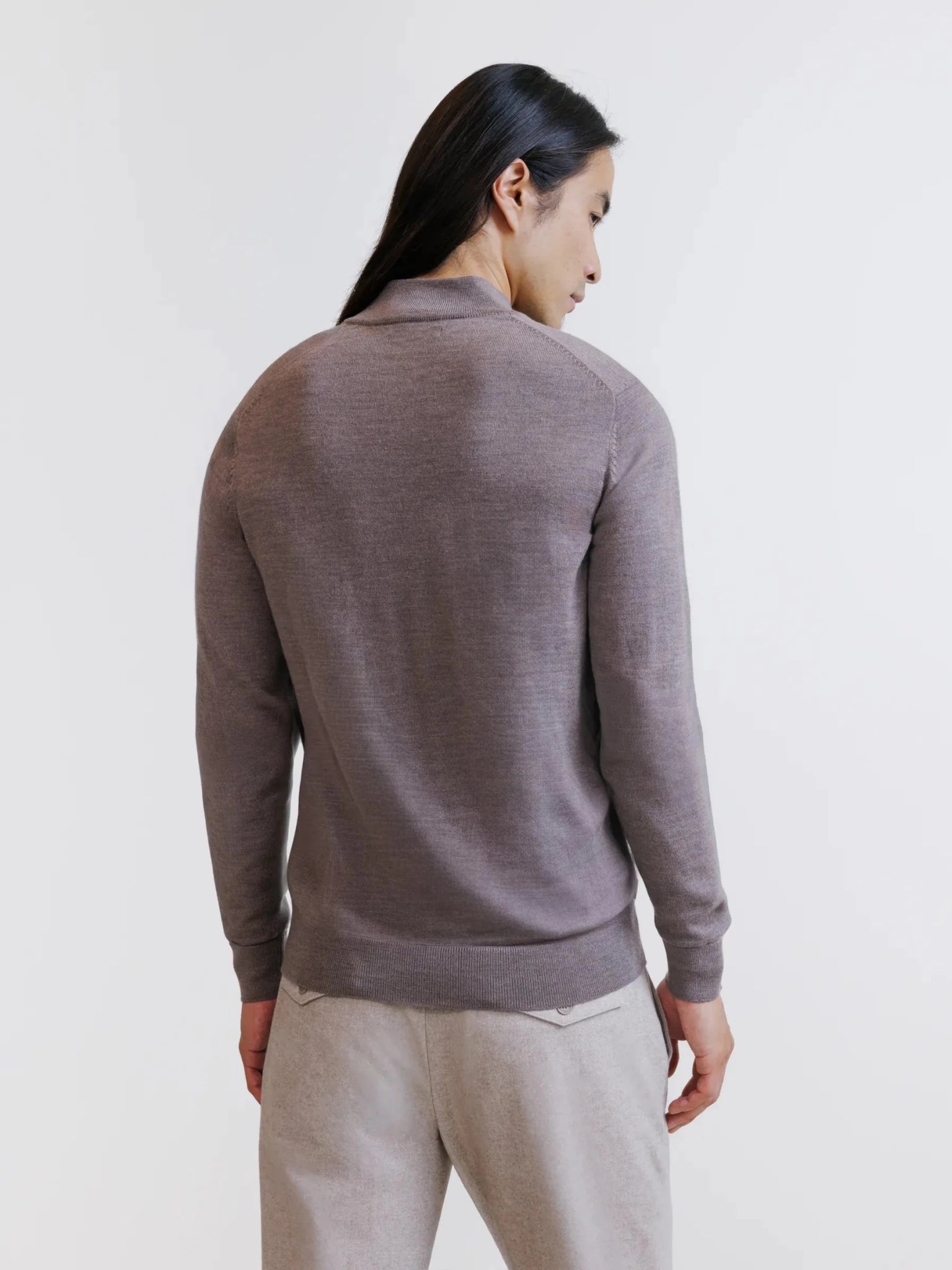 Pull demi-zippé en laine mérinos châtain - IZAC