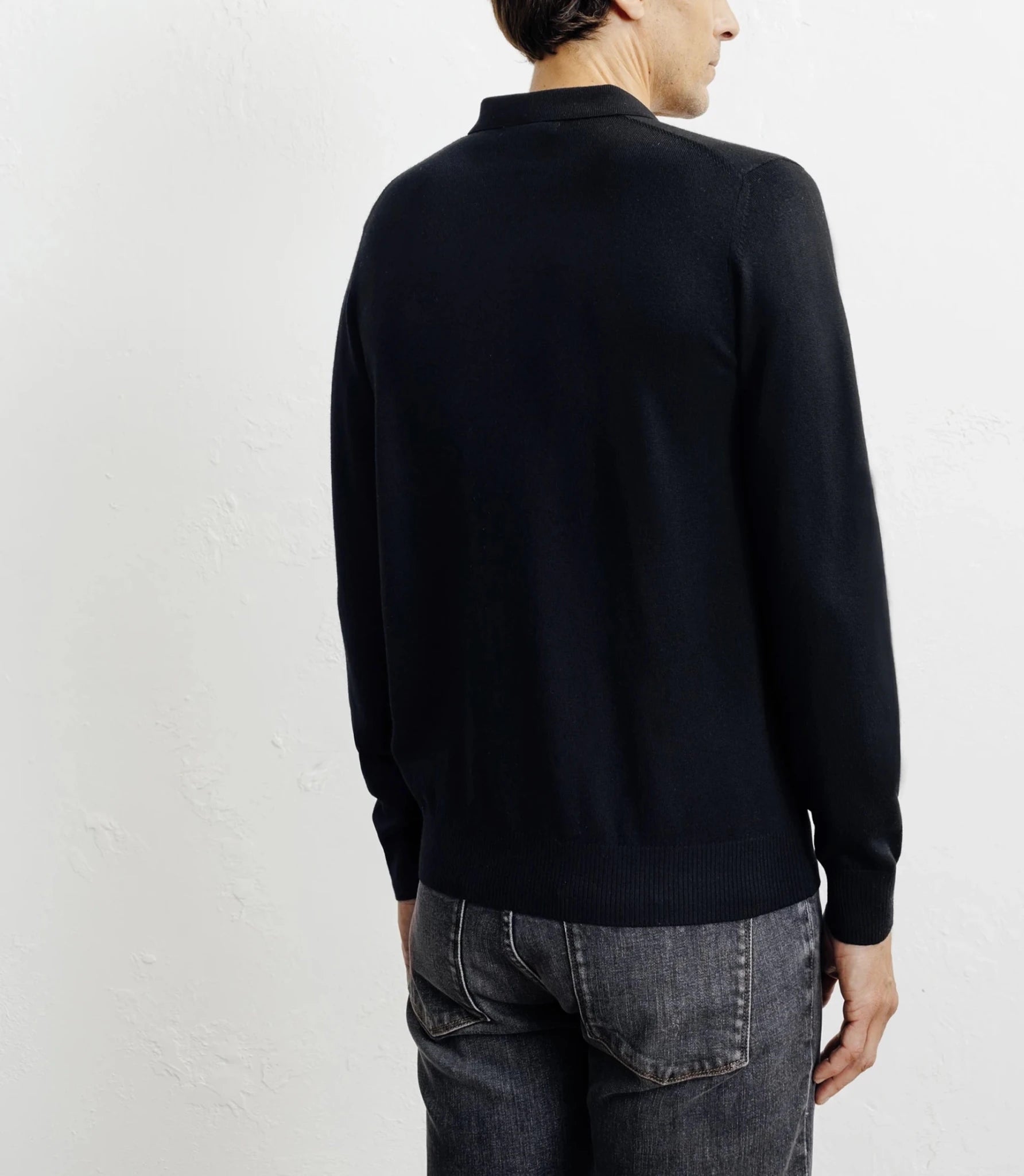 Pull col polo en laine mérinos noir - IZAC