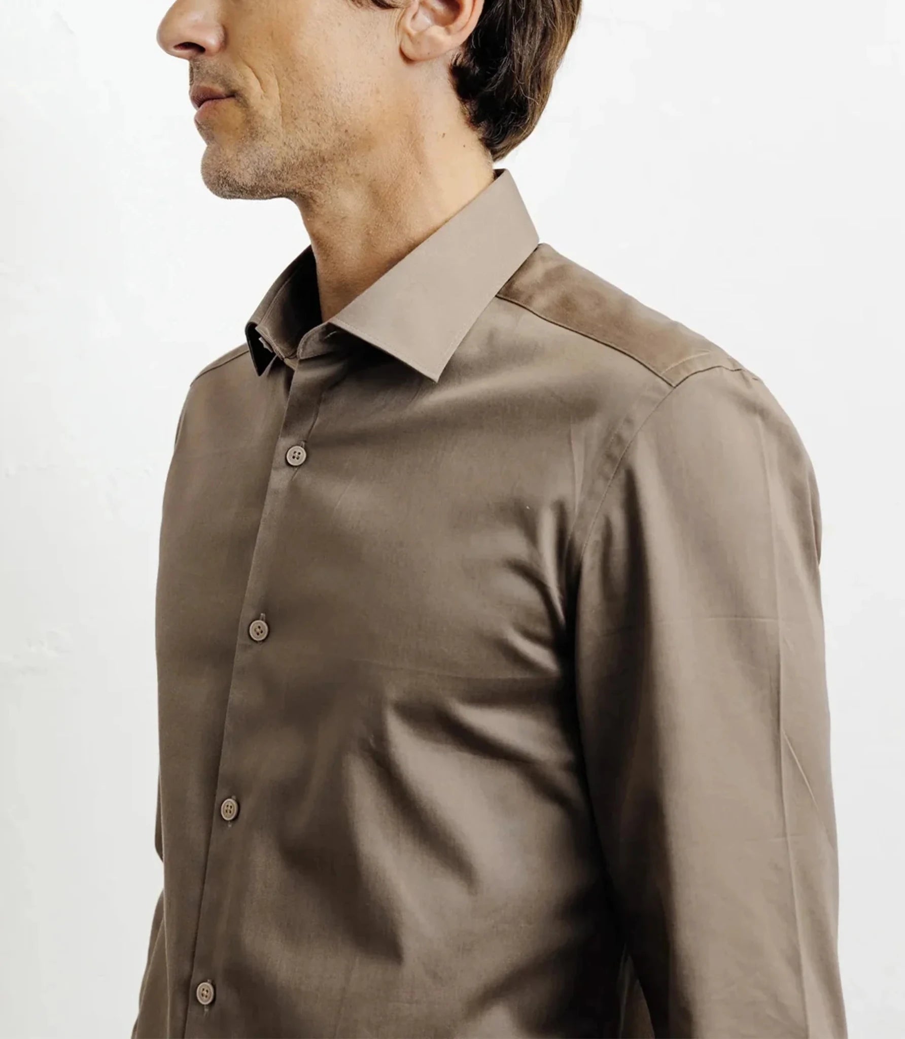 Chemise ville en satin de coton châtain - IZAC