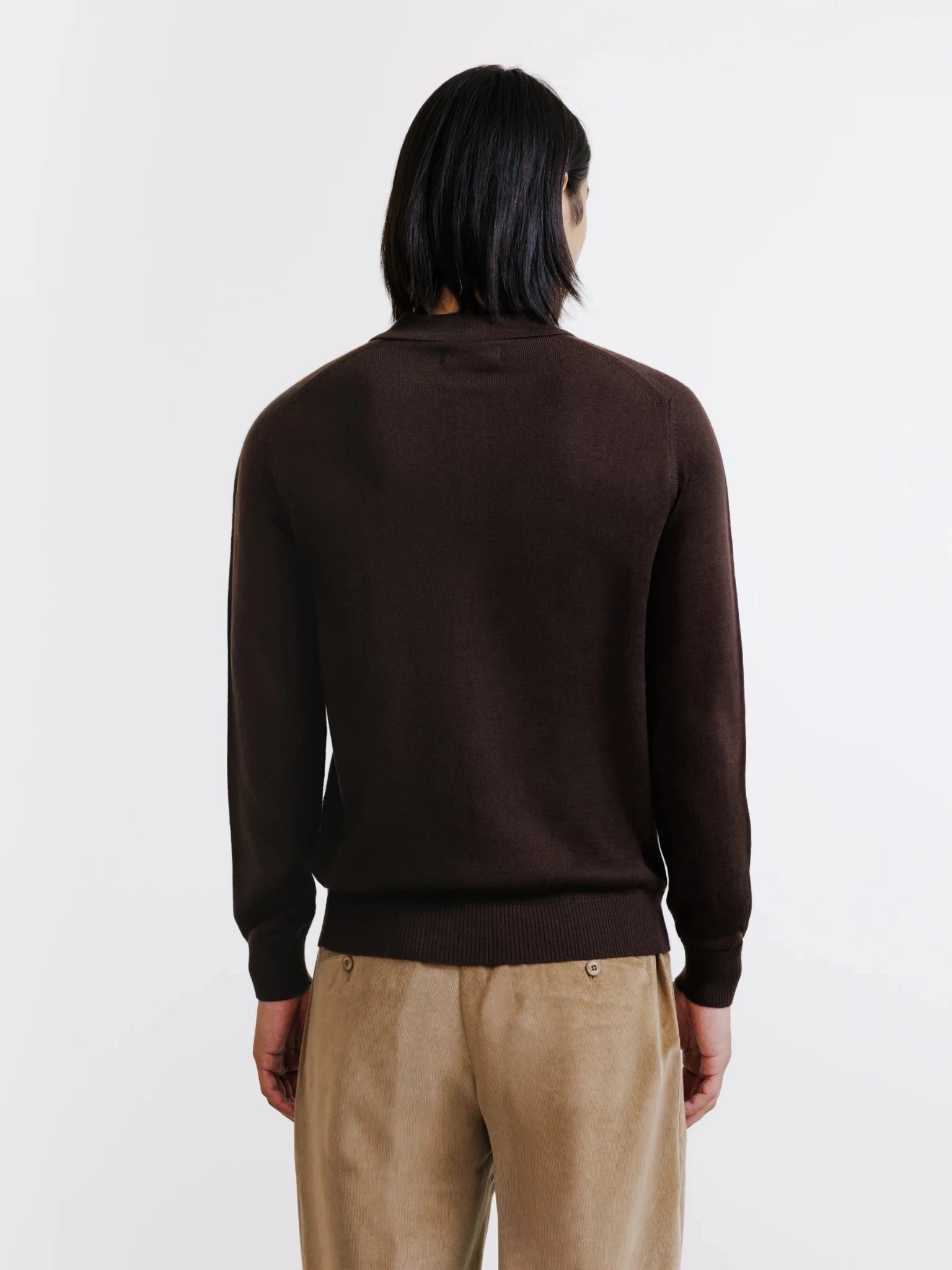 Pull à col polo boutonné en laine mérinos chocolat - IZAC