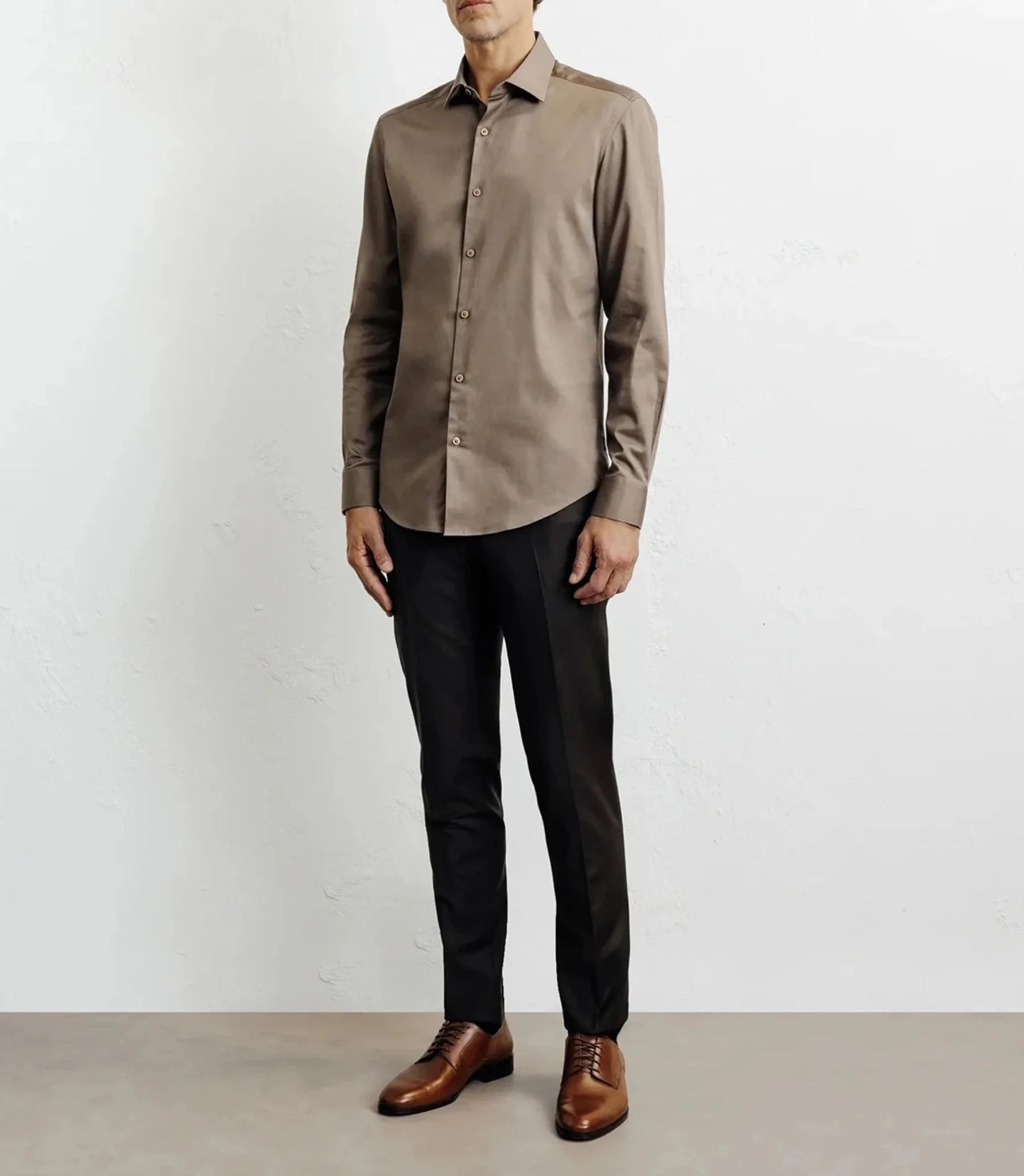 Chemise ville en satin de coton châtain - IZAC
