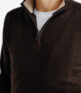 Pull coton/cachemire col zippé chocolat - IZAC