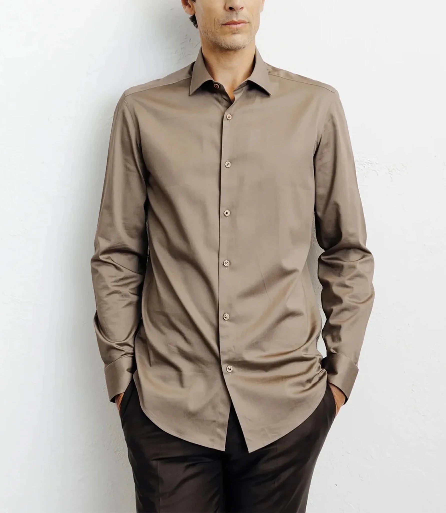 Chemise ville en satin de coton châtain - IZAC