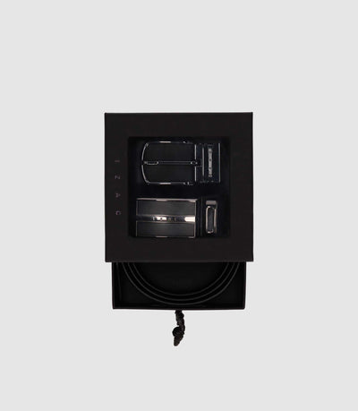 Coffret ceinture réversible en cuir noir et noir matt - IZAC