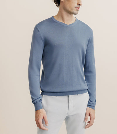 Pull col V manches longues bleu gris - IZAC