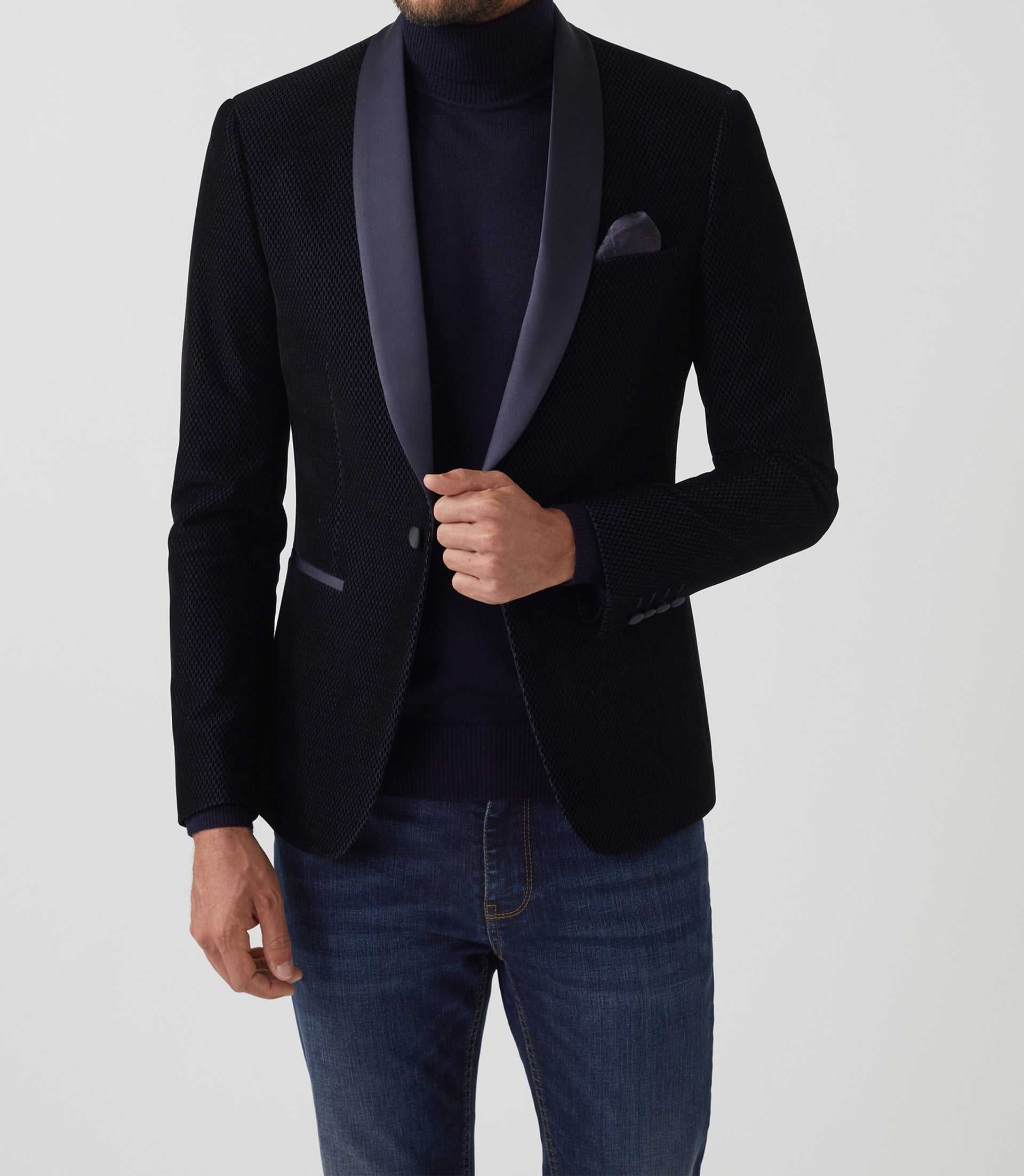 Veste velours col châle satin marine "Voltige" - IZAC