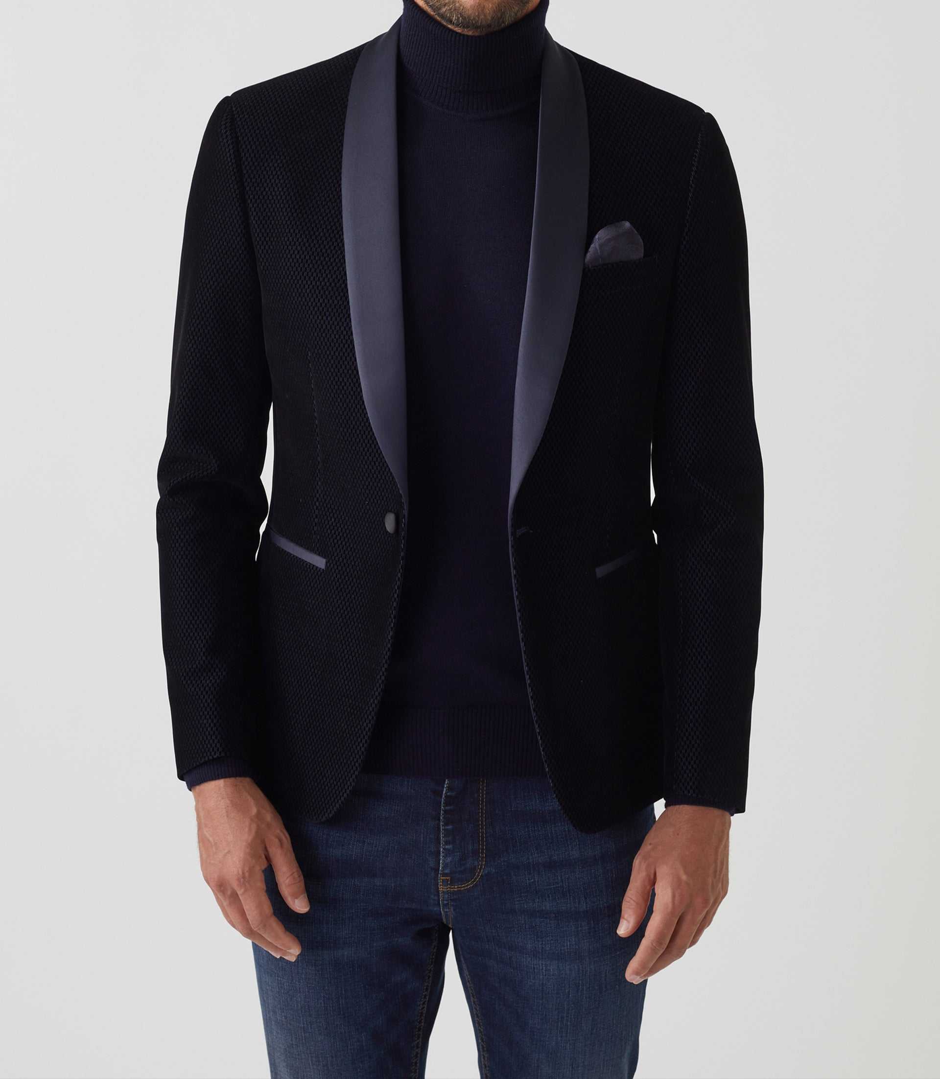 Veste velours col châle satin marine "Voltige" - IZAC